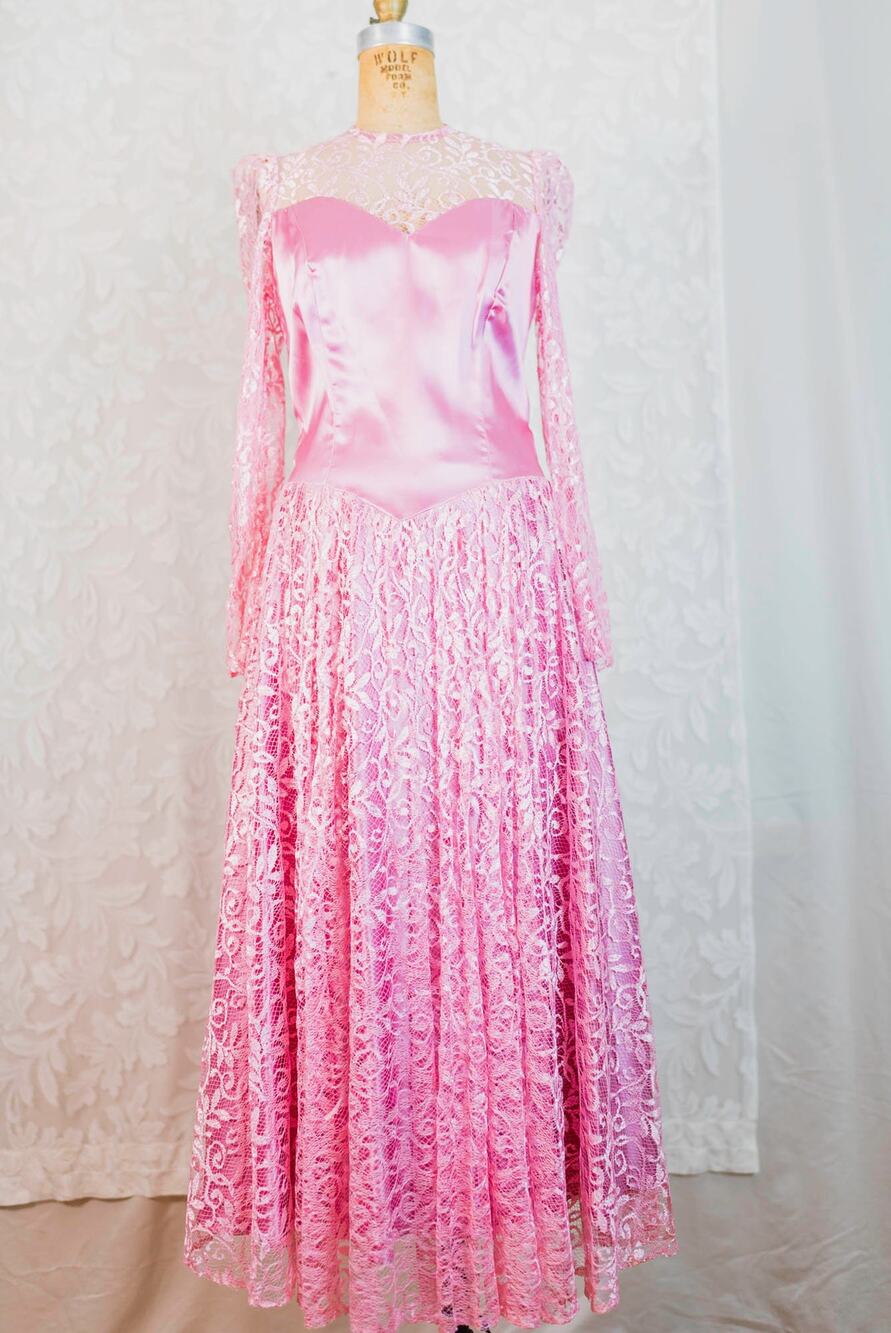 Vintage 90s Rose Pink Satin Lace Bridesmaid Dress Size 9/10 Princess Prom Gown